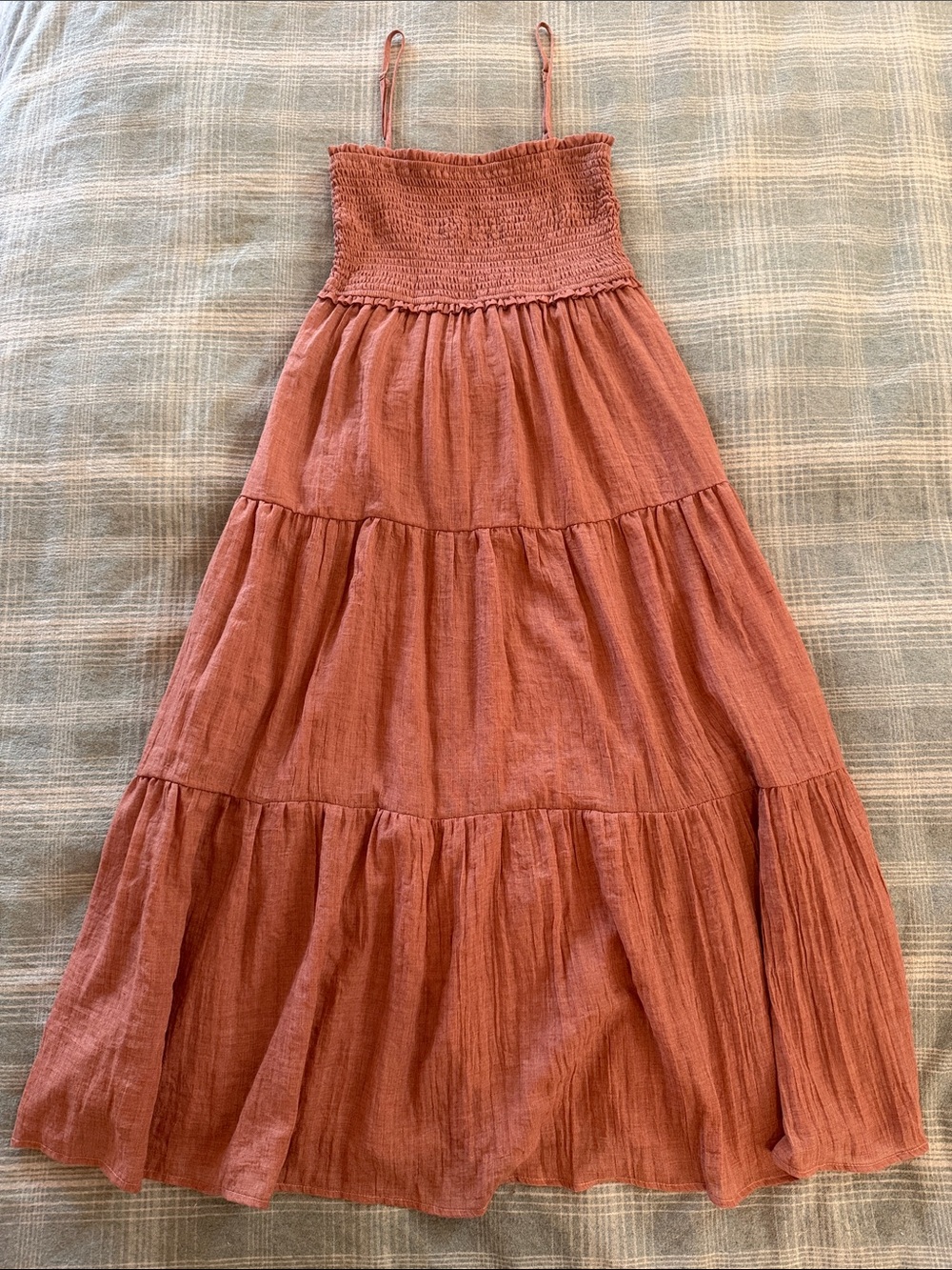 NWOT Becool Smocked Tiered Maxi Dress Dusty Terra Cotta/Rose Small NWT